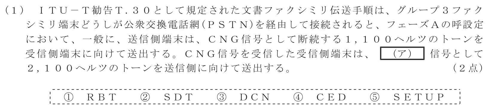 工事担任者 総合通信 端末設備の接続のための技術及び理論 第1問(1)の問題文