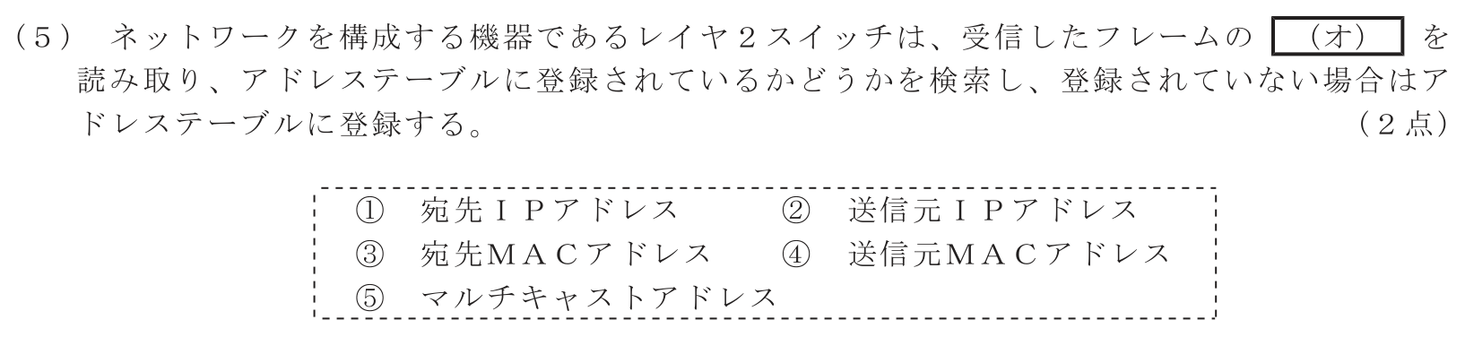 工事担任者 総合通信 端末設備の接続のための技術及び理論 第5問(5)の問題文