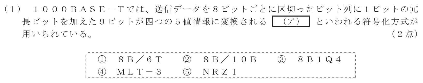 工事担任者 総合通信 端末設備の接続のための技術及び理論 第4問(1)の問題文