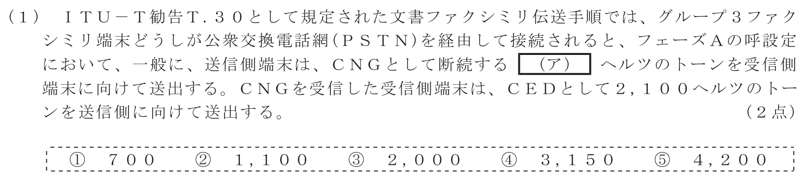 工事担任者 総合通信 端末設備の接続のための技術及び理論 第1問(1)の問題文