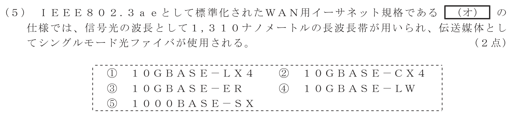 工事担任者 総合通信 端末設備の接続のための技術及び理論 第2問(5)の問題文