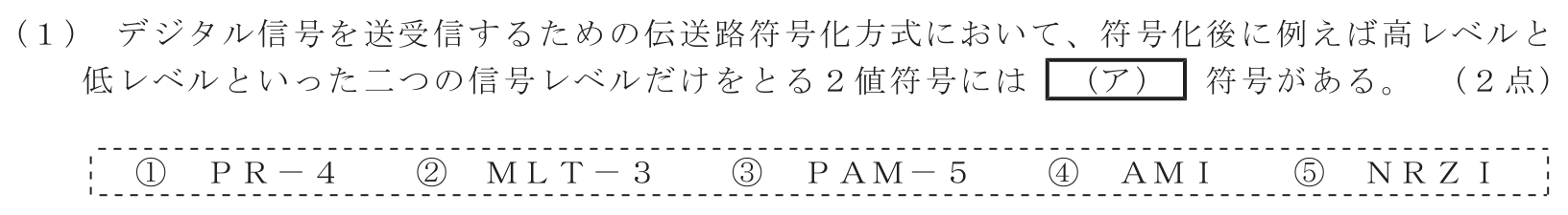 工事担任者 総合通信 端末設備の接続のための技術及び理論 第4問(1)の問題文