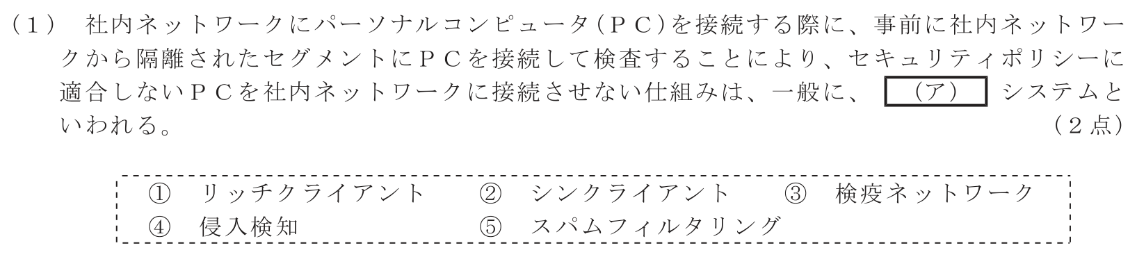 工事担任者 総合通信 端末設備の接続のための技術及び理論 第6問(1)の問題文