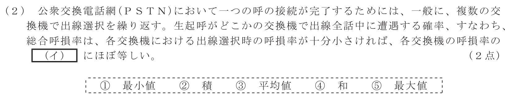 工事担任者 総合通信 端末設備の接続のための技術及び理論 第5問(2)の問題文