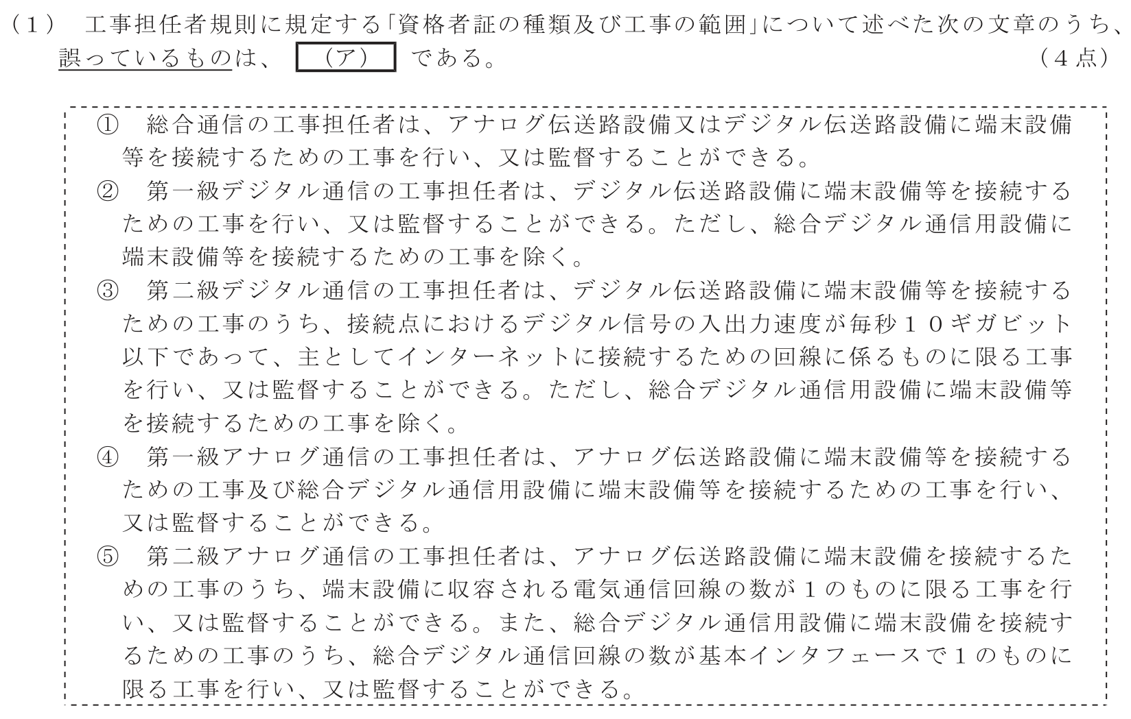 工事担任者 総合通信 端末設備の接続に関する法規 第2問(1)の問題文